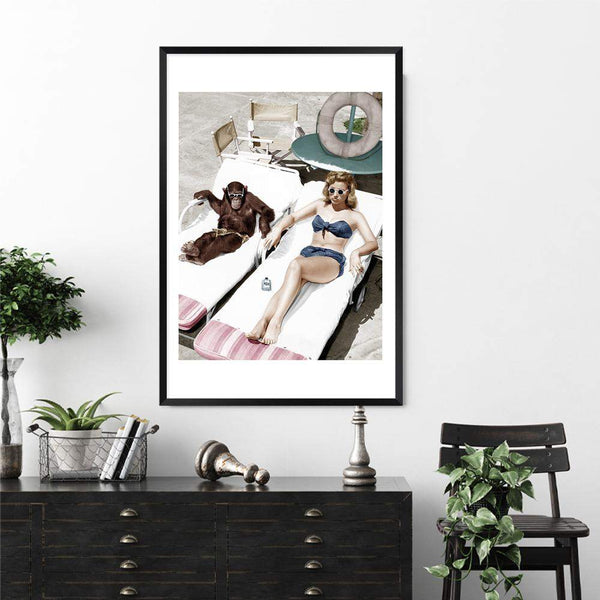 Vintage Sunbathers-The Paper Tree-america,Artwork,blue,boho,chimp,chimpanzee,fashion,feature art,feature female,female,green,hamptons,miami,monkey,palm springs,pink,portrait,premium art print,retro,retro wall art,sunbake,sunbaker,sunbathing,Vintage,Vintage Artwork,wall art,Wall_Art,Wall_Art_Prints,woman