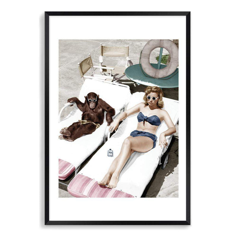 Vintage Sunbathers-The Paper Tree-america,Artwork,blue,boho,chimp,chimpanzee,fashion,feature art,feature female,female,green,hamptons,miami,monkey,palm springs,pink,portrait,premium art print,retro,retro wall art,sunbake,sunbaker,sunbathing,Vintage,Vintage Artwork,wall art,Wall_Art,Wall_Art_Prints,woman