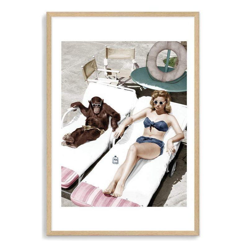 Vintage Sunbathers-The Paper Tree-america,Artwork,blue,boho,chimp,chimpanzee,fashion,feature art,feature female,female,green,hamptons,miami,monkey,palm springs,pink,portrait,premium art print,retro,retro wall art,sunbake,sunbaker,sunbathing,Vintage,Vintage Artwork,wall art,Wall_Art,Wall_Art_Prints,woman