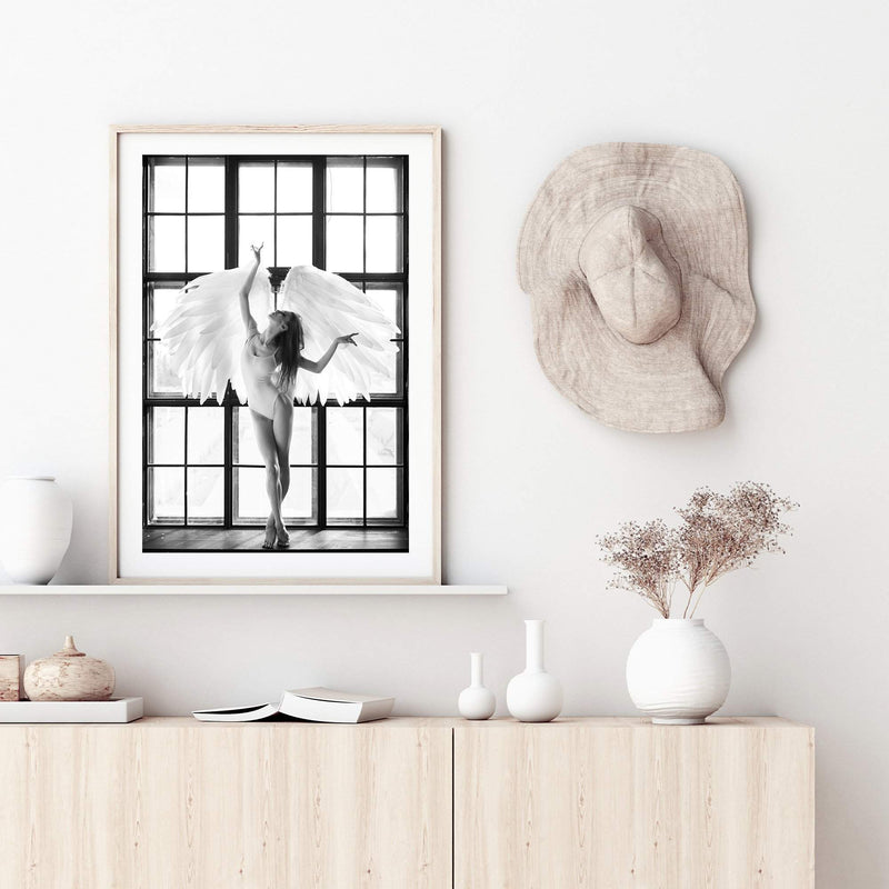 Angel Wings-The Paper Tree-angel,angel wings,ballerina,black & white,boho,dancer,FASHION,feature female,hamptons,monochrome,portrait,premium art print,wall art,Wall_Art,Wall_Art_Prints,white,wings,woman