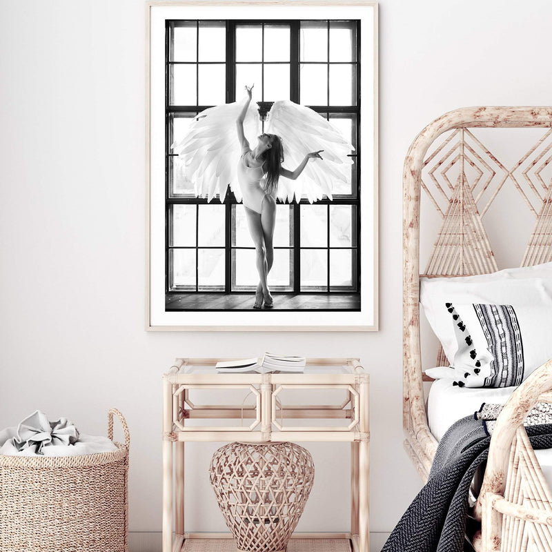 Angel Wings-The Paper Tree-angel,angel wings,ballerina,black & white,boho,dancer,FASHION,feature female,hamptons,monochrome,portrait,premium art print,wall art,Wall_Art,Wall_Art_Prints,white,wings,woman