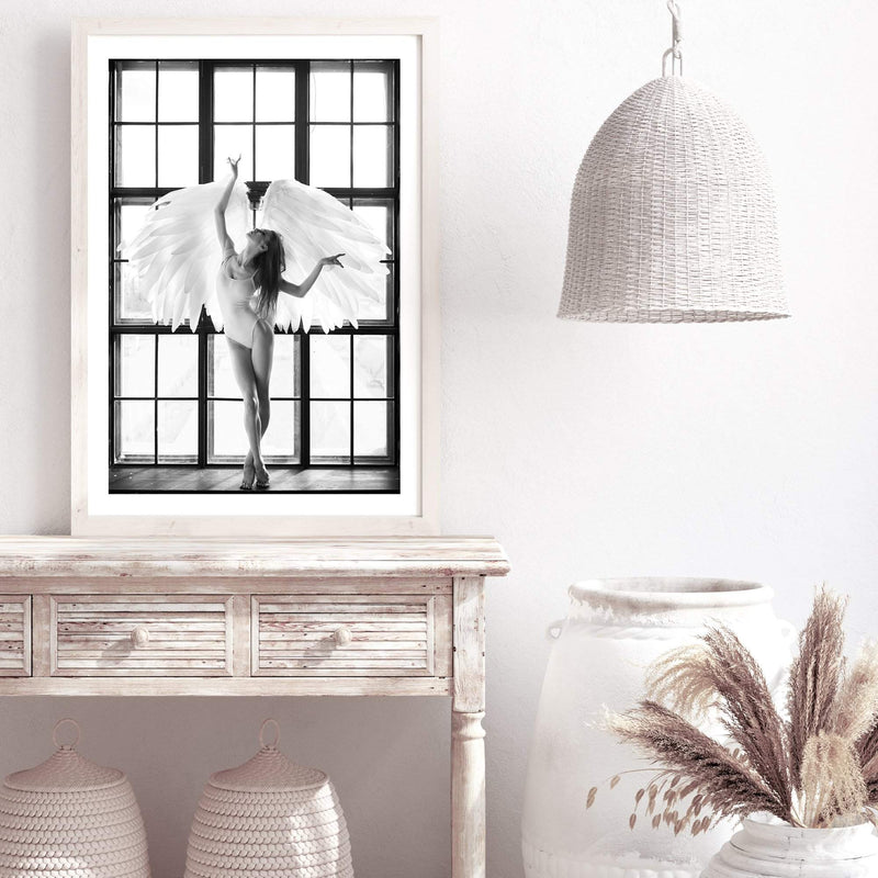 Angel Wings-The Paper Tree-angel,angel wings,ballerina,black & white,boho,dancer,FASHION,feature female,hamptons,monochrome,portrait,premium art print,wall art,Wall_Art,Wall_Art_Prints,white,wings,woman