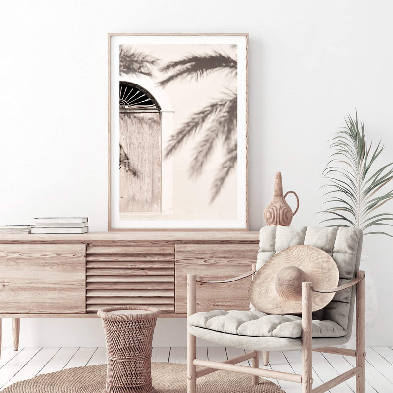 Boho Timber Door-The Paper Tree-architectural,ARCHITECTURE,boho,coastal palm,date palm,DOOR,greek door,minimalist,moroccan,MOROCCAN DOOR,morocco,neutral,PALM,palm frond,palm fronds,PALM TREE,palm trees,PALMS,portrait,premium art print,scandi,tan,timber,wall art,Wall_Art,Wall_Art_Prints,white,wooden door