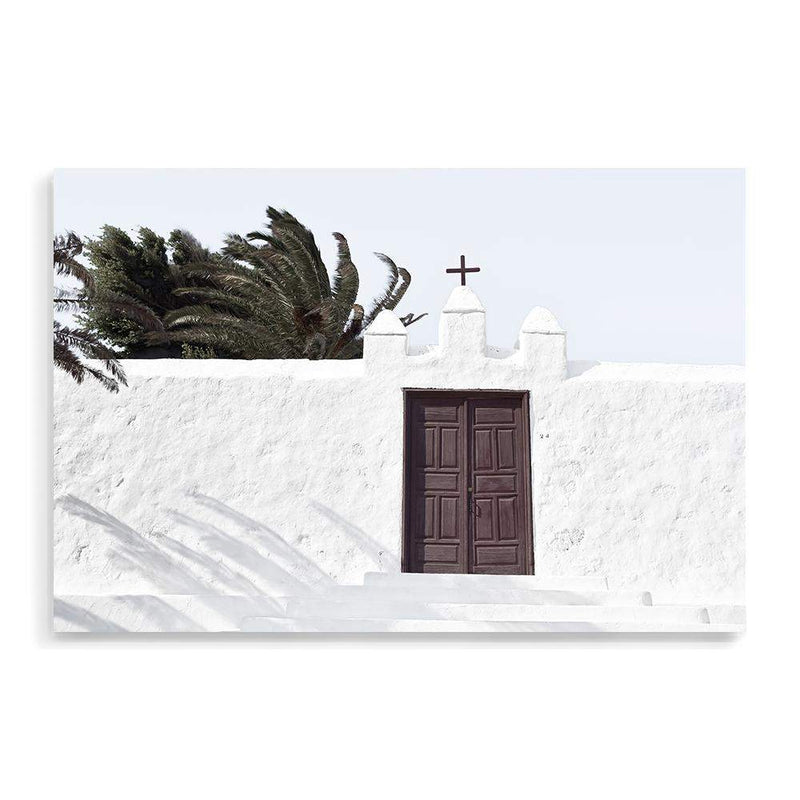 Island Church-The Paper Tree-architecture,boho,building,church,hamptons,landscape,neutral,old building,palm,palm tree,premium art print,spain,spanish,travel,wall art,Wall_Art,Wall_Art_Prints,white