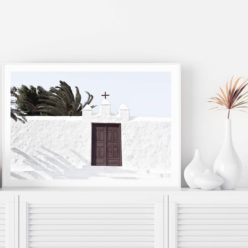 Island Church-The Paper Tree-architecture,boho,building,church,hamptons,landscape,neutral,old building,palm,palm tree,premium art print,spain,spanish,travel,wall art,Wall_Art,Wall_Art_Prints,white