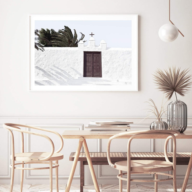 Island Church-The Paper Tree-architecture,boho,building,church,hamptons,landscape,neutral,old building,palm,palm tree,premium art print,spain,spanish,travel,wall art,Wall_Art,Wall_Art_Prints,white