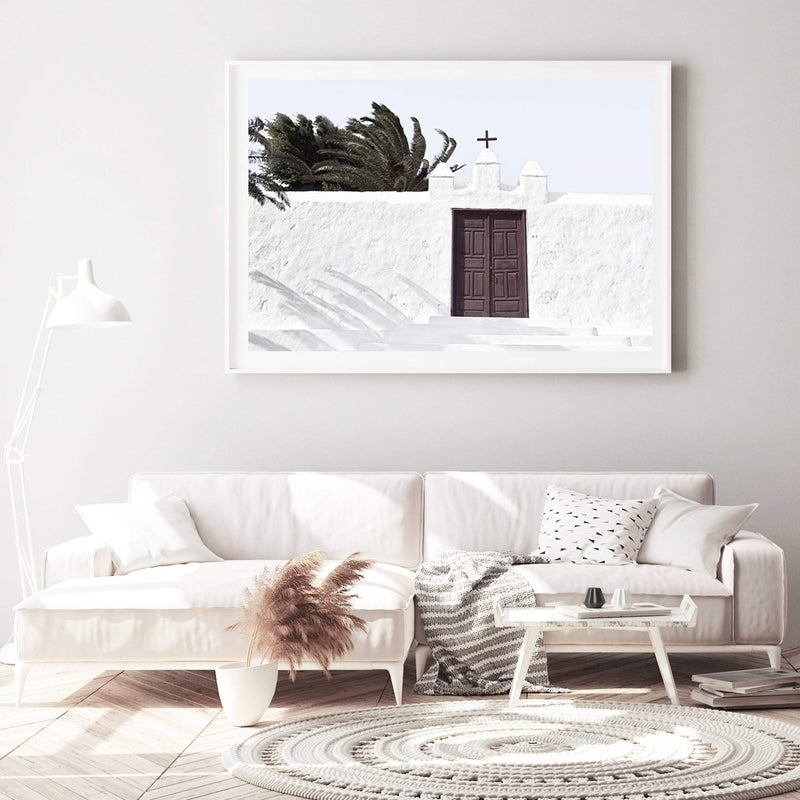 Island Church-The Paper Tree-architecture,boho,building,church,hamptons,landscape,neutral,old building,palm,palm tree,premium art print,spain,spanish,travel,wall art,Wall_Art,Wall_Art_Prints,white