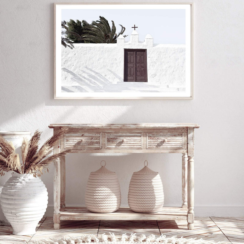 Island Church-The Paper Tree-architecture,boho,building,church,hamptons,landscape,neutral,old building,palm,palm tree,premium art print,spain,spanish,travel,wall art,Wall_Art,Wall_Art_Prints,white