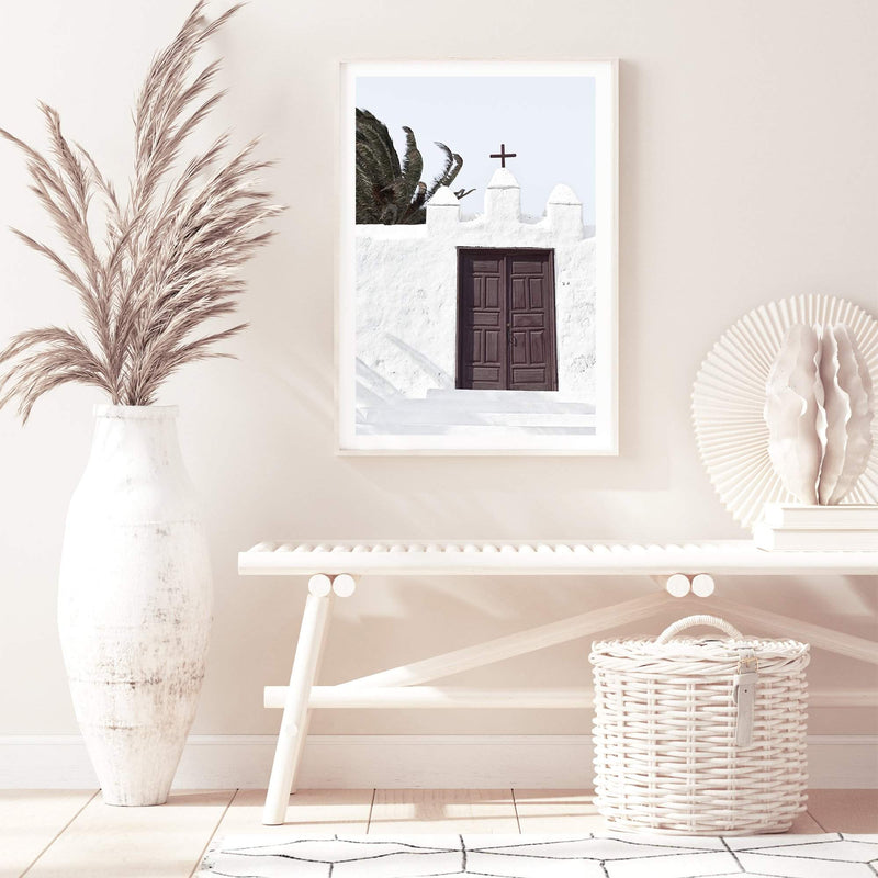 White Island Church-The Paper Tree-architecture,boho,building,church,hamptons,neutral,old building,palm,palm tree,portrait,premium art print,spain,spanish,travel,wall art,Wall_Art,Wall_Art_Prints,white