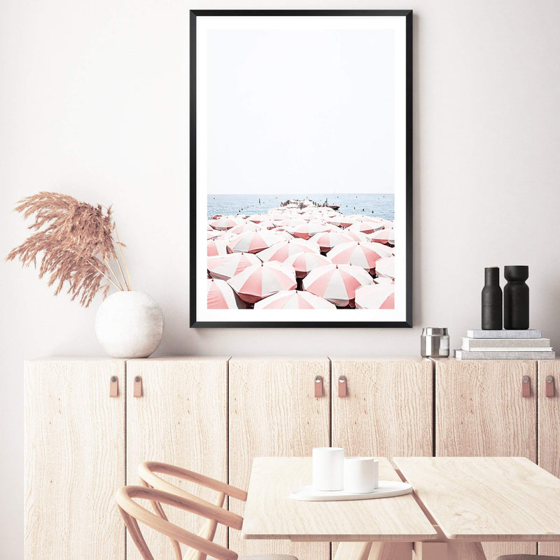 Amalfi Beach View | Amalfi Coast-The Paper Tree-amalfi,amalfi coast,beach,blue,boho,coast,coastal,hamptons,italian beach,italy,ocean,orange,parasol,peach,pink,portrait,premium art print,sea,umbrella,wall art,Wall_Art,Wall_Art_Prints