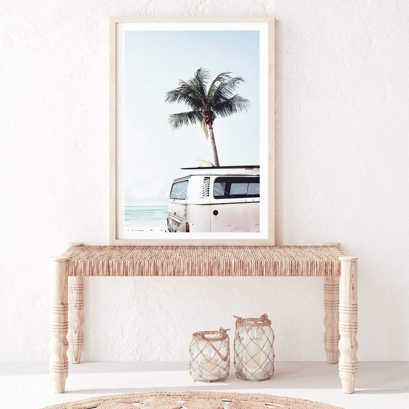 Kombi Coastal Palms-The Paper Tree-beach,blue,boho,car,coastal,coastal palm,combi,combi van,cream,hamptons,kombi,kombi van,ocean,palm,palm tree,pastel,portrait,premium art print,sea,van,wall art,Wall_Art,Wall_Art_Prints