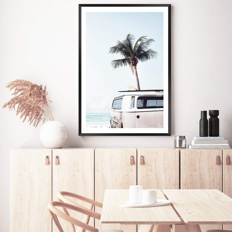 Kombi Coastal Palms-The Paper Tree-beach,blue,boho,car,coastal,coastal palm,combi,combi van,cream,hamptons,kombi,kombi van,ocean,palm,palm tree,pastel,portrait,premium art print,sea,van,wall art,Wall_Art,Wall_Art_Prints