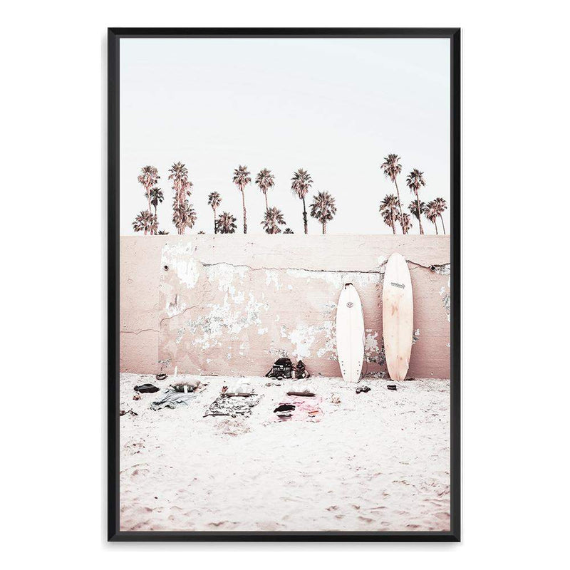 Coastal Surf Beach-The Paper Tree-beach,boho,bright,coast,coastal,day,hamptons,hawaii,light,neutral,palm,palm tree,pastel,peach,pink,portrait,premium art print,sky,surf,surf board,surfer,tropical,wall art,Wall_Art,Wall_Art_Prints