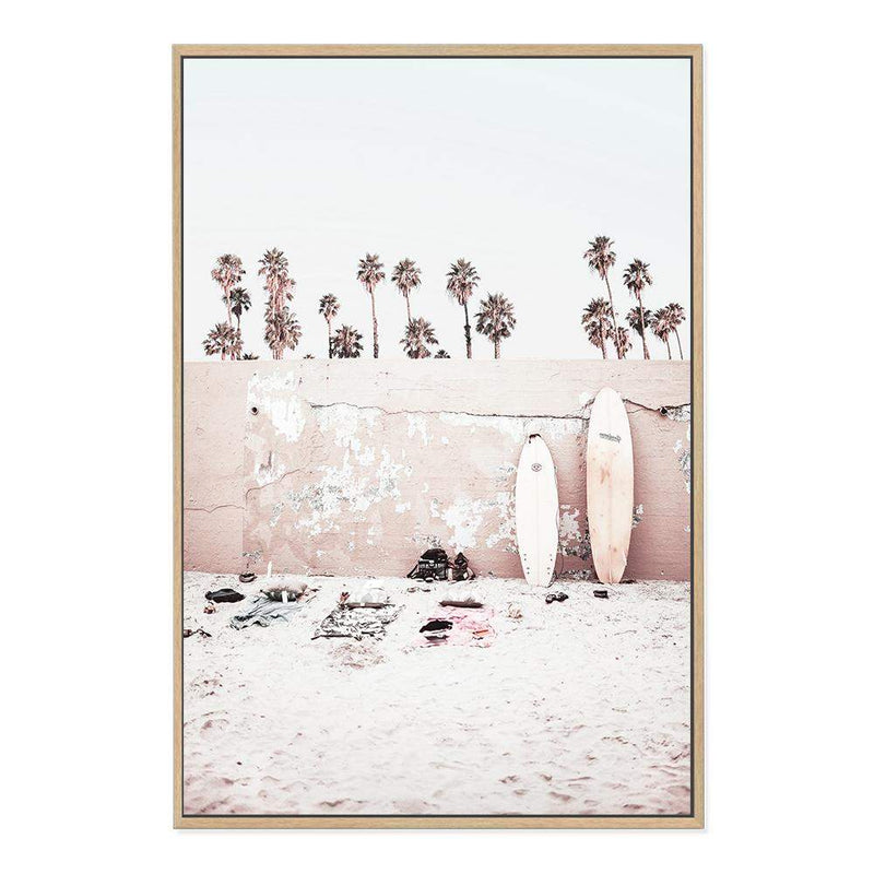 Coastal Surf Beach-The Paper Tree-beach,boho,bright,coast,coastal,day,hamptons,hawaii,light,neutral,palm,palm tree,pastel,peach,pink,portrait,premium art print,sky,surf,surf board,surfer,tropical,wall art,Wall_Art,Wall_Art_Prints