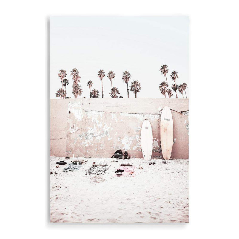 Coastal Surf Beach-The Paper Tree-beach,boho,bright,coast,coastal,day,hamptons,hawaii,light,neutral,palm,palm tree,pastel,peach,pink,portrait,premium art print,sky,surf,surf board,surfer,tropical,wall art,Wall_Art,Wall_Art_Prints