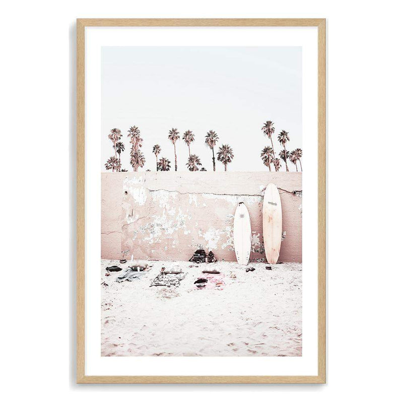 Coastal Surf Beach-The Paper Tree-beach,boho,bright,coast,coastal,day,hamptons,hawaii,light,neutral,palm,palm tree,pastel,peach,pink,portrait,premium art print,sky,surf,surf board,surfer,tropical,wall art,Wall_Art,Wall_Art_Prints