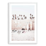 Coastal Surf Beach-The Paper Tree-beach,boho,bright,coast,coastal,day,hamptons,hawaii,light,neutral,palm,palm tree,pastel,peach,pink,portrait,premium art print,sky,surf,surf board,surfer,tropical,wall art,Wall_Art,Wall_Art_Prints