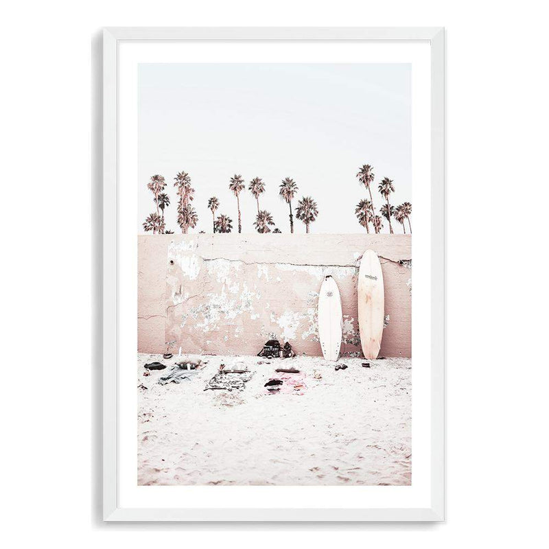 Coastal Surf Beach-The Paper Tree-beach,boho,bright,coast,coastal,day,hamptons,hawaii,light,neutral,palm,palm tree,pastel,peach,pink,portrait,premium art print,sky,surf,surf board,surfer,tropical,wall art,Wall_Art,Wall_Art_Prints