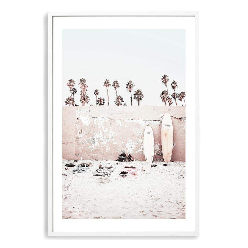 Coastal Surf Beach-The Paper Tree-beach,boho,bright,coast,coastal,day,hamptons,hawaii,light,neutral,palm,palm tree,pastel,peach,pink,portrait,premium art print,sky,surf,surf board,surfer,tropical,wall art,Wall_Art,Wall_Art_Prints