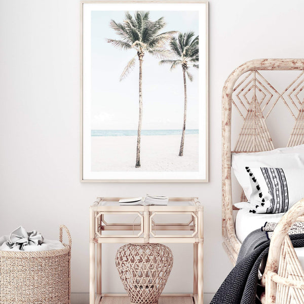 Palm Trees On The Beach-The Paper Tree-america,Art_Prints,Artwork,BEACH,beach entrance,beach path,beach scene,blue,boho,coastal,COASTAL ART,Designer,hamptons,neutral,PALM TREE,palm trees,path to beach,portrait,premium art print,surfers,travel,wall art,Wall_Art,Wall_Art_Prints