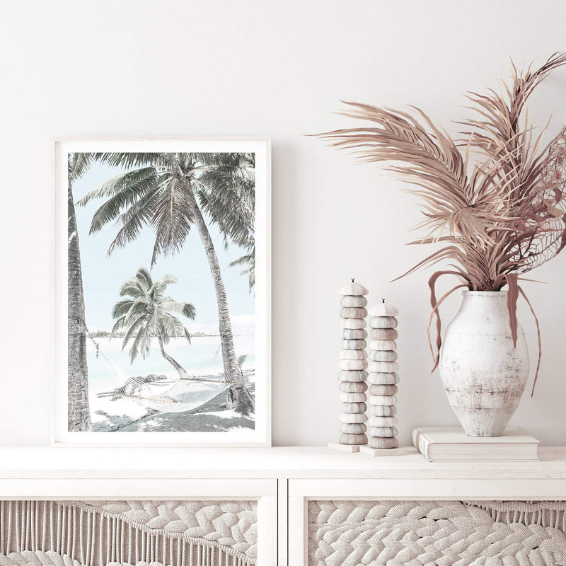 Beach Hammock-The Paper Tree-america,Art_Prints,Artwork,BEACH,beach entrance,beach path,beach scene,blue,boho,coastal,COASTAL ART,Designer,hamptons,neutral,PALM TREE,palm trees,path to beach,portrait,premium art print,surfers,travel,wall art,Wall_Art,Wall_Art_Prints