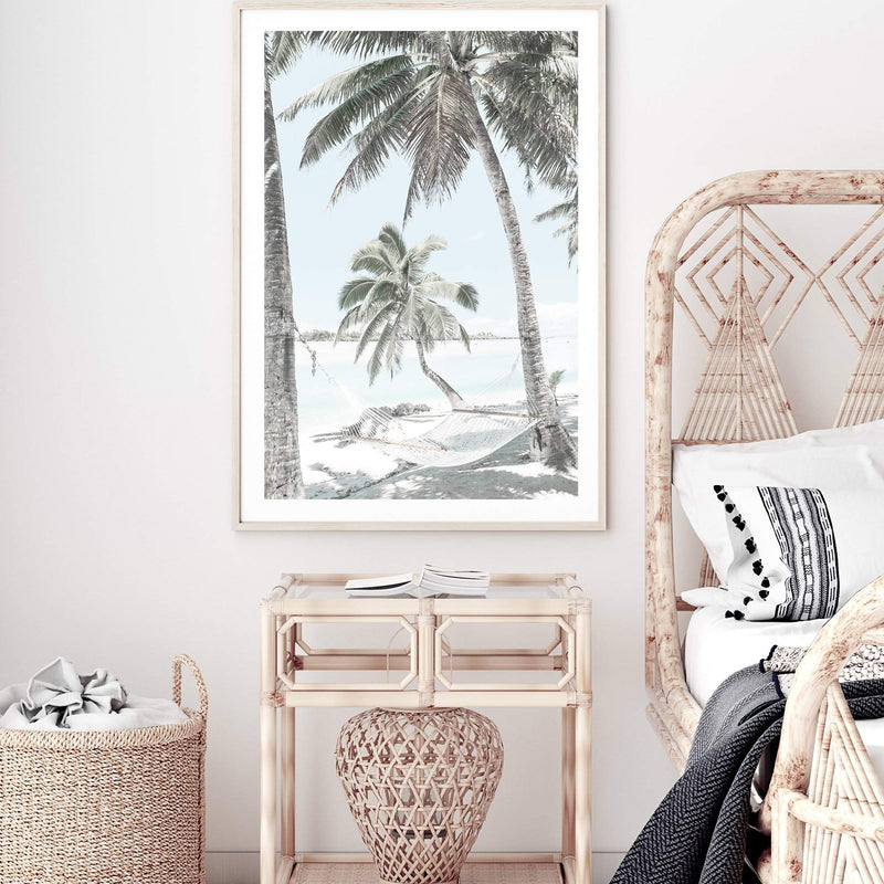 Beach Hammock-The Paper Tree-america,Art_Prints,Artwork,BEACH,beach entrance,beach path,beach scene,blue,boho,coastal,COASTAL ART,Designer,hamptons,neutral,PALM TREE,palm trees,path to beach,portrait,premium art print,surfers,travel,wall art,Wall_Art,Wall_Art_Prints