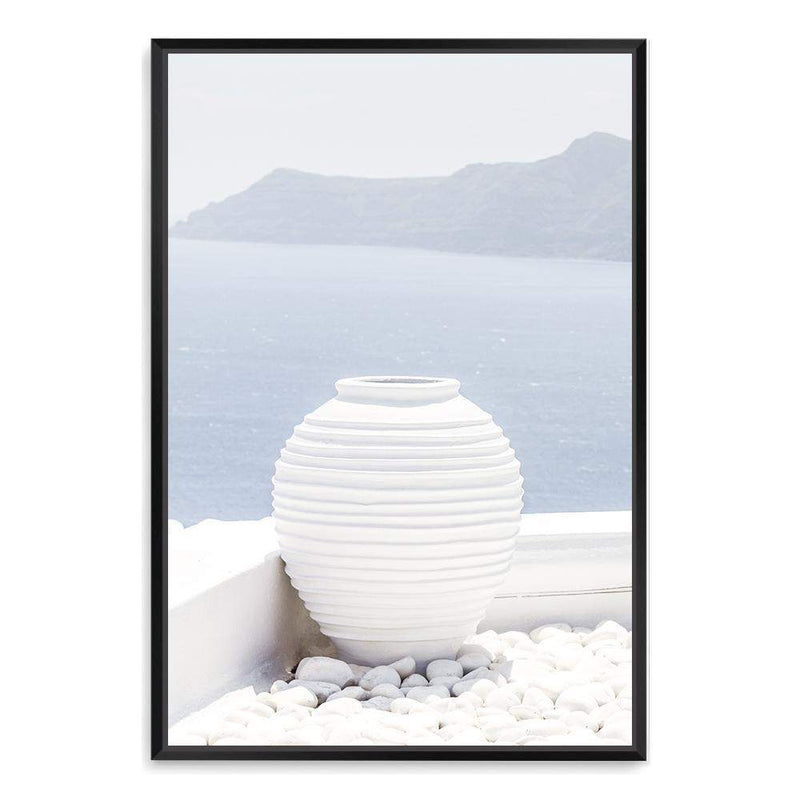 White Urn In Santorini-The Paper Tree-architecture,boho,buildings,city,europe,greece,greek,ocea,oia,portrait,pot,premium art print,santorini,travel,urn,view,wall art,Wall_Art,Wall_Art_Prints,water,white