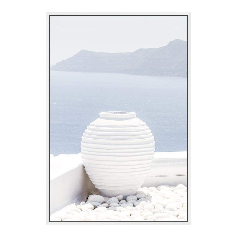 White Urn In Santorini-The Paper Tree-architecture,boho,buildings,city,europe,greece,greek,ocea,oia,portrait,pot,premium art print,santorini,travel,urn,view,wall art,Wall_Art,Wall_Art_Prints,water,white