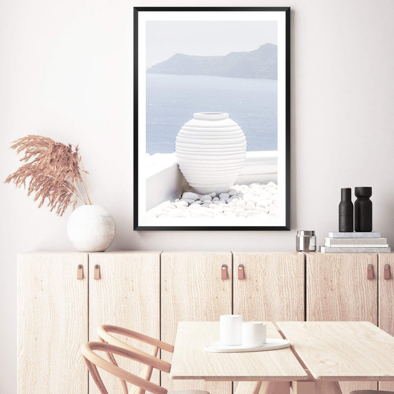 White Urn In Santorini-The Paper Tree-architecture,boho,buildings,city,europe,greece,greek,ocea,oia,portrait,pot,premium art print,santorini,travel,urn,view,wall art,Wall_Art,Wall_Art_Prints,water,white