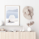 White Urn In Santorini-The Paper Tree-architecture,boho,buildings,city,europe,greece,greek,ocea,oia,portrait,pot,premium art print,santorini,travel,urn,view,wall art,Wall_Art,Wall_Art_Prints,water,white