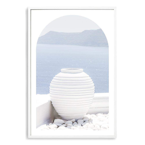 White Urn In Santorini (Arch)-The Paper Tree-architecture,boho,buildings,city,europe,greece,greek,ocea,oia,portrait,pot,premium art print,santorini,travel,urn,view,wall art,Wall_Art,Wall_Art_Prints,water,white