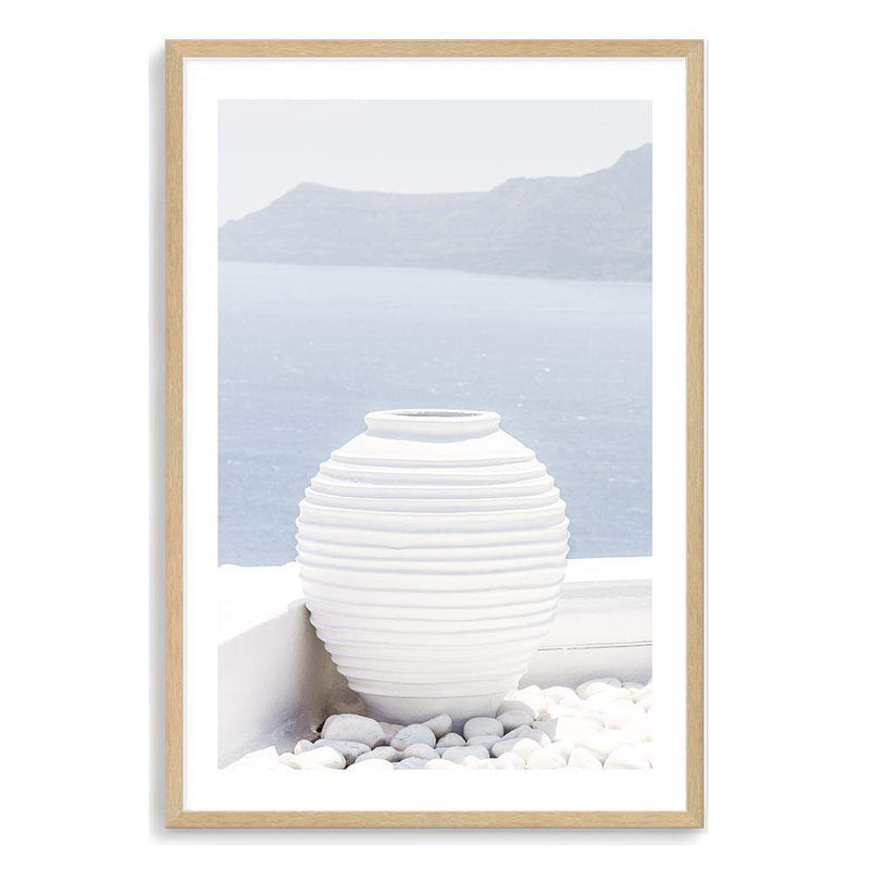 White Urn In Santorini-The Paper Tree-architecture,boho,buildings,city,europe,greece,greek,ocea,oia,portrait,pot,premium art print,santorini,travel,urn,view,wall art,Wall_Art,Wall_Art_Prints,water,white