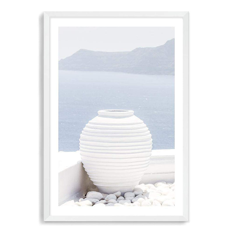 White Urn In Santorini-The Paper Tree-architecture,boho,buildings,city,europe,greece,greek,ocea,oia,portrait,pot,premium art print,santorini,travel,urn,view,wall art,Wall_Art,Wall_Art_Prints,water,white