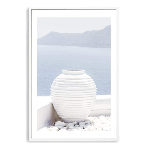 White Urn In Santorini-The Paper Tree-architecture,boho,buildings,city,europe,greece,greek,ocea,oia,portrait,pot,premium art print,santorini,travel,urn,view,wall art,Wall_Art,Wall_Art_Prints,water,white