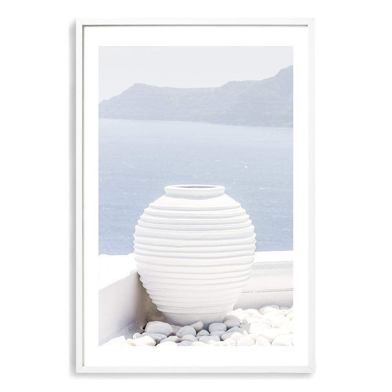 White Urn In Santorini-The Paper Tree-architecture,boho,buildings,city,europe,greece,greek,ocea,oia,portrait,pot,premium art print,santorini,travel,urn,view,wall art,Wall_Art,Wall_Art_Prints,water,white