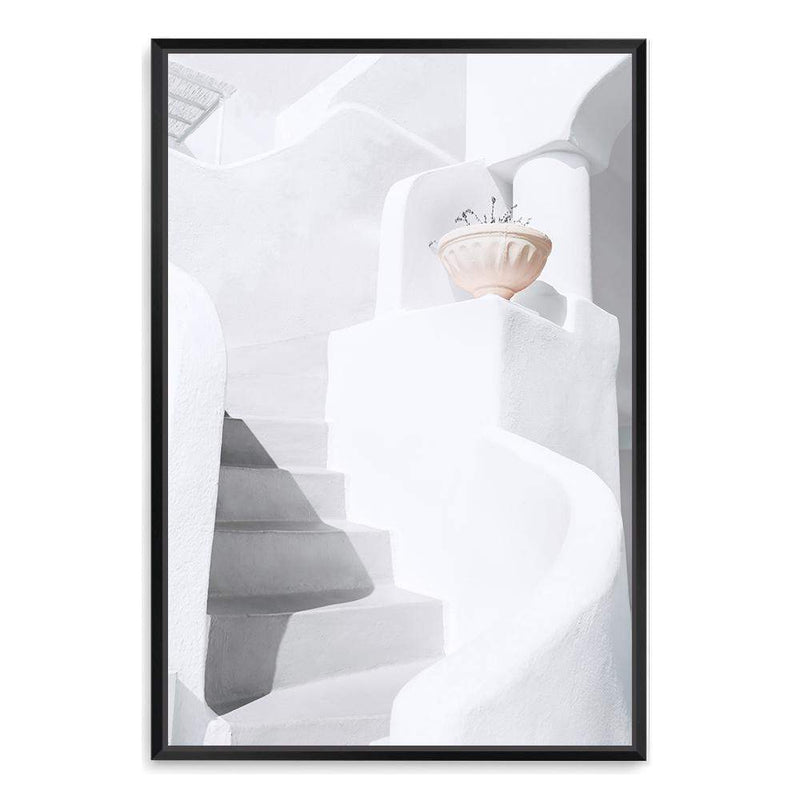 White stairs In Santorini-The Paper Tree-architecture,boho,buildings,city,europe,greece,greek,ocea,oia,portrait,pot,premium art print,santorini,travel,urn,view,wall art,Wall_Art,Wall_Art_Prints,water,white