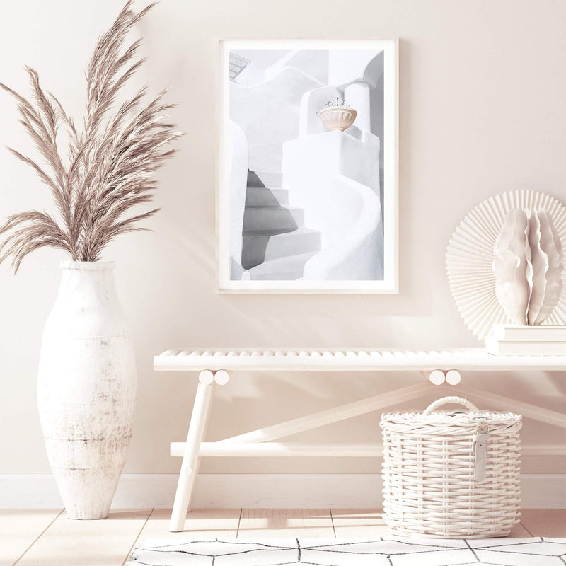 White stairs In Santorini-The Paper Tree-architecture,boho,buildings,city,europe,greece,greek,ocea,oia,portrait,pot,premium art print,santorini,travel,urn,view,wall art,Wall_Art,Wall_Art_Prints,water,white