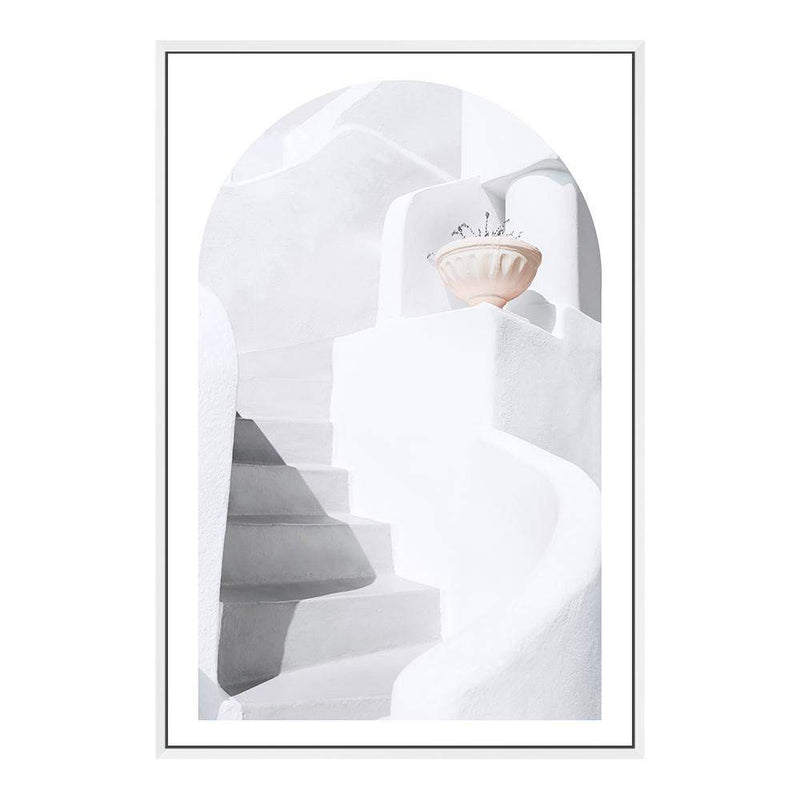 White stairs In Santorini (Arch)-The Paper Tree-architecture,boho,buildings,city,europe,greece,greek,ocea,oia,portrait,pot,premium art print,santorini,travel,urn,view,wall art,Wall_Art,Wall_Art_Prints,water,white