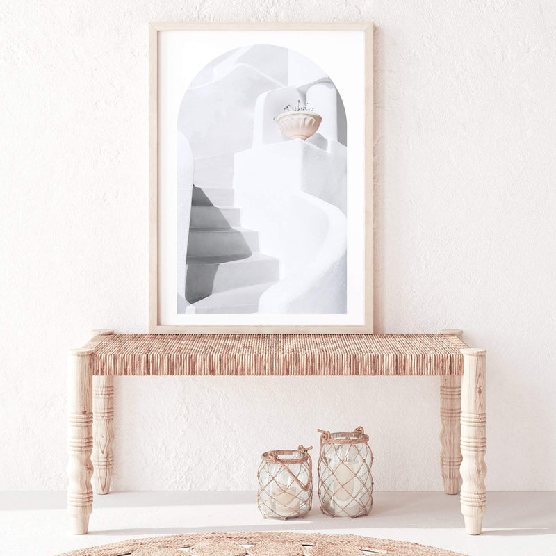 White stairs In Santorini (Arch)-The Paper Tree-architecture,boho,buildings,city,europe,greece,greek,ocea,oia,portrait,pot,premium art print,santorini,travel,urn,view,wall art,Wall_Art,Wall_Art_Prints,water,white