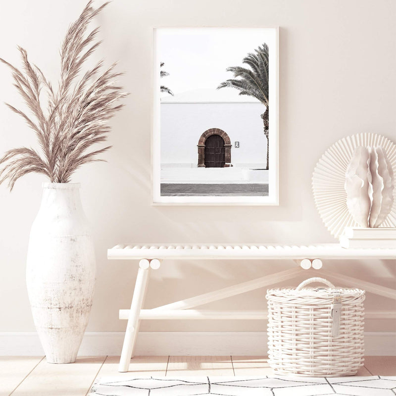 White Spanish Church-The Paper Tree-architecture,boho,building,church,hamptons,neutral,old building,palm,palm tree,portrait,premium art print,spain,spanish,travel,wall art,Wall_Art,Wall_Art_Prints,white