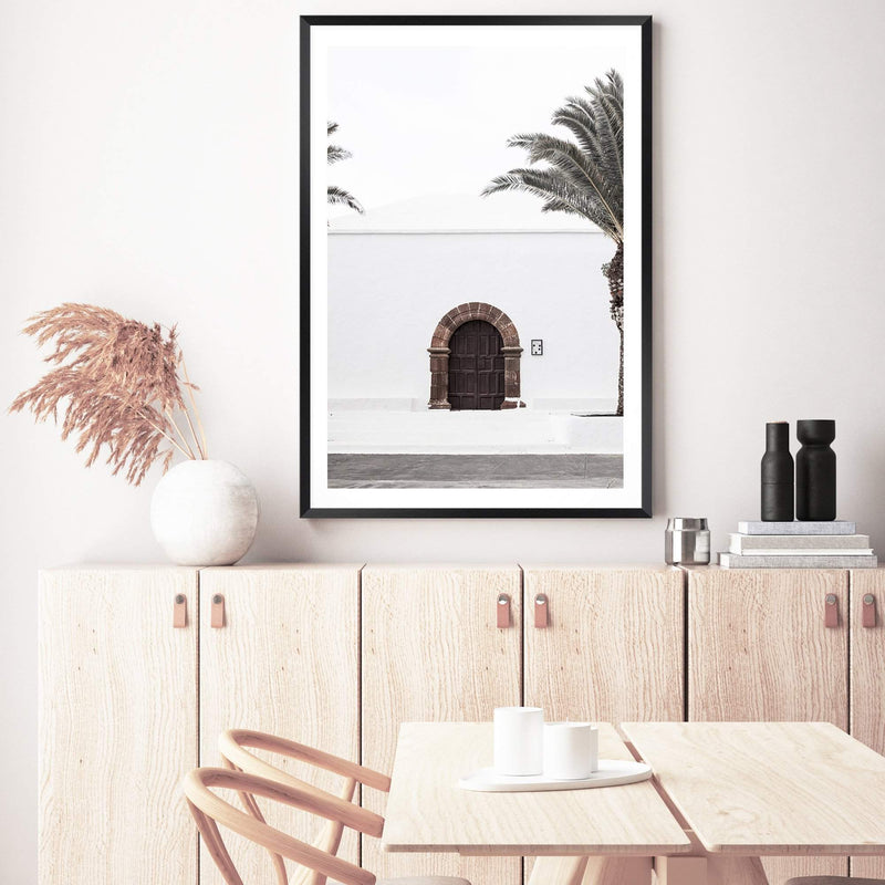 White Spanish Church-The Paper Tree-architecture,boho,building,church,hamptons,neutral,old building,palm,palm tree,portrait,premium art print,spain,spanish,travel,wall art,Wall_Art,Wall_Art_Prints,white