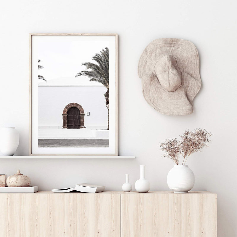 White Spanish Church-The Paper Tree-architecture,boho,building,church,hamptons,neutral,old building,palm,palm tree,portrait,premium art print,spain,spanish,travel,wall art,Wall_Art,Wall_Art_Prints,white