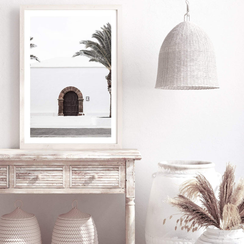 White Spanish Church-The Paper Tree-architecture,boho,building,church,hamptons,neutral,old building,palm,palm tree,portrait,premium art print,spain,spanish,travel,wall art,Wall_Art,Wall_Art_Prints,white