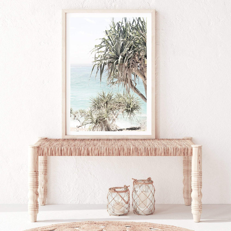 Byron Bay Bliss-The Paper Tree-Art_Prints,Artwork,BEACH,beach entrance,beach path,beach scene,blue,boho,coastal,COASTAL ART,Designer,green,hamptons,PALM TREE,palm trees,pandanus,path to beach,portrait,premium art print,surfers,travel,wall art,Wall_Art,Wall_Art_Prints