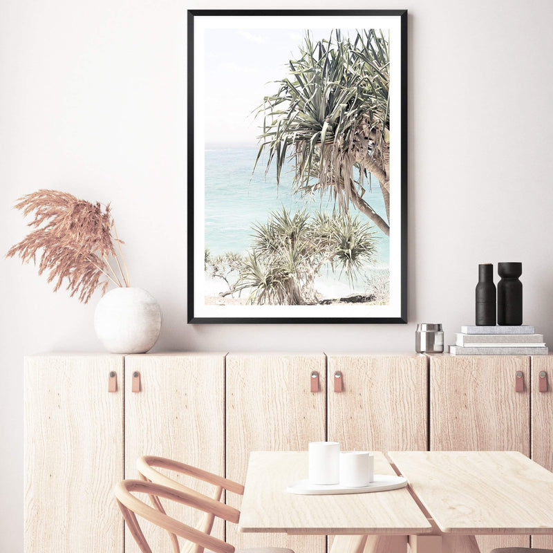 Byron Bay Bliss-The Paper Tree-Art_Prints,Artwork,BEACH,beach entrance,beach path,beach scene,blue,boho,coastal,COASTAL ART,Designer,green,hamptons,PALM TREE,palm trees,pandanus,path to beach,portrait,premium art print,surfers,travel,wall art,Wall_Art,Wall_Art_Prints