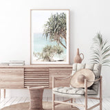 Byron Bay Bliss-The Paper Tree-Art_Prints,Artwork,BEACH,beach entrance,beach path,beach scene,blue,boho,coastal,COASTAL ART,Designer,green,hamptons,PALM TREE,palm trees,pandanus,path to beach,portrait,premium art print,surfers,travel,wall art,Wall_Art,Wall_Art_Prints