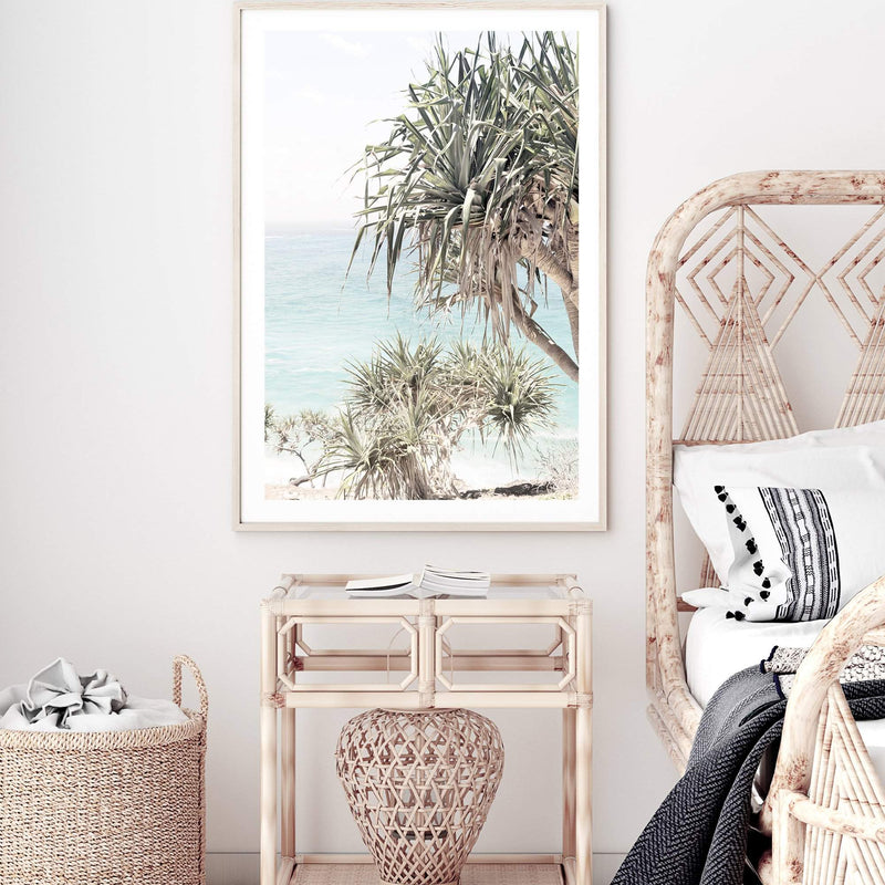 Byron Bay Bliss-The Paper Tree-Art_Prints,Artwork,BEACH,beach entrance,beach path,beach scene,blue,boho,coastal,COASTAL ART,Designer,green,hamptons,PALM TREE,palm trees,pandanus,path to beach,portrait,premium art print,surfers,travel,wall art,Wall_Art,Wall_Art_Prints