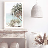 Byron Bay Bliss-The Paper Tree-Art_Prints,Artwork,BEACH,beach entrance,beach path,beach scene,blue,boho,coastal,COASTAL ART,Designer,green,hamptons,PALM TREE,palm trees,pandanus,path to beach,portrait,premium art print,surfers,travel,wall art,Wall_Art,Wall_Art_Prints