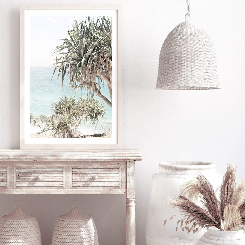 Byron Bay Bliss-The Paper Tree-Art_Prints,Artwork,BEACH,beach entrance,beach path,beach scene,blue,boho,coastal,COASTAL ART,Designer,green,hamptons,PALM TREE,palm trees,pandanus,path to beach,portrait,premium art print,surfers,travel,wall art,Wall_Art,Wall_Art_Prints