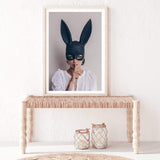 The Secret Bunny-The Paper Tree-Artwork,boho,bunny,bunny mask,eclectic,edgy,fashion,female,mask,neutral,portrait,premium art print,wall art,Wall_Art,Wall_Art_Prints,woman in bunny mask